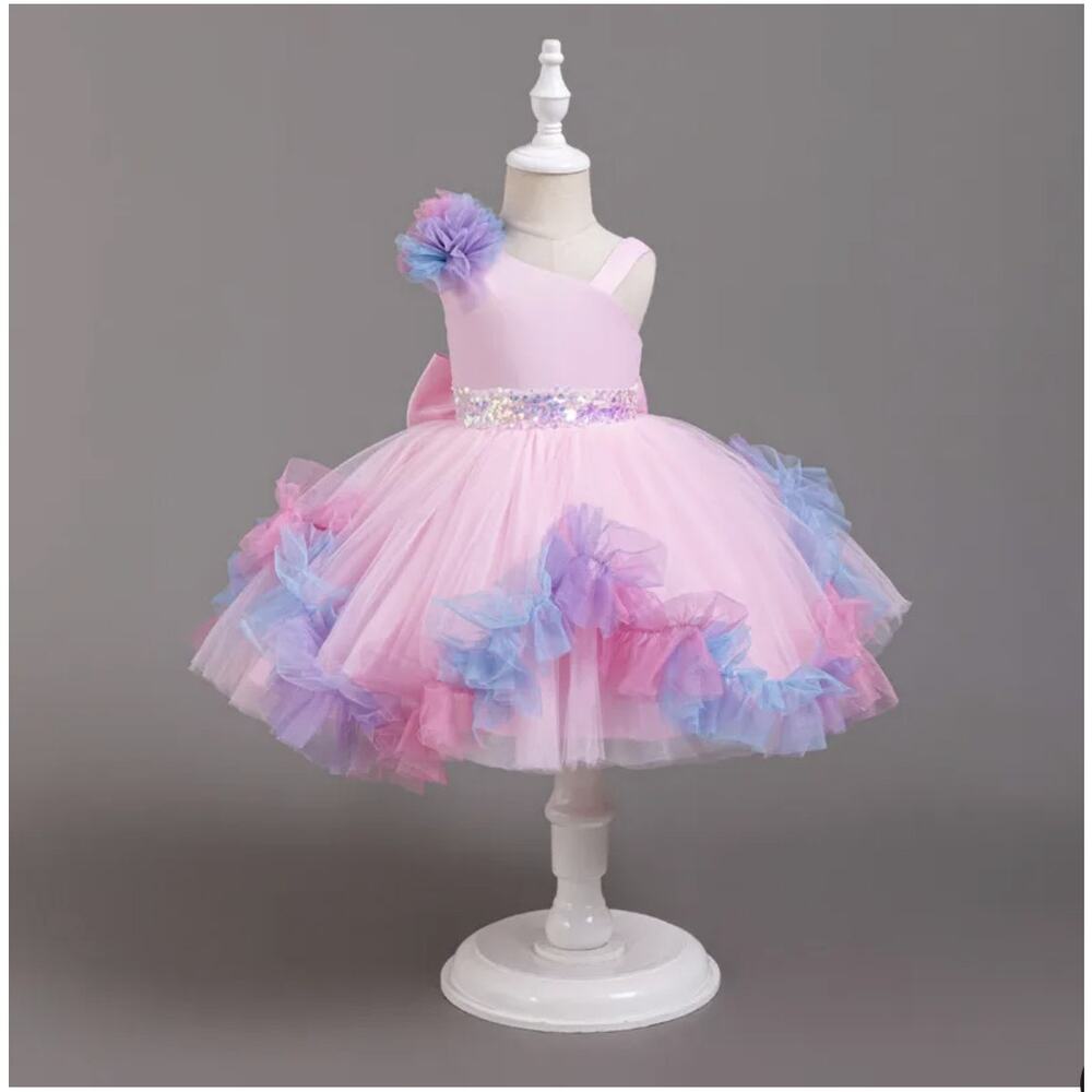 Elegant Princess Pink Party Dress Size 130 US 5T-6T Tulle Bow Sequin Dress